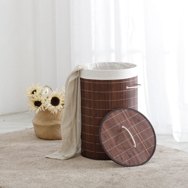 Sherwood Round Folding Bamboo Laundry Basket Hamper & Lid D38xH60cm Carousel 8