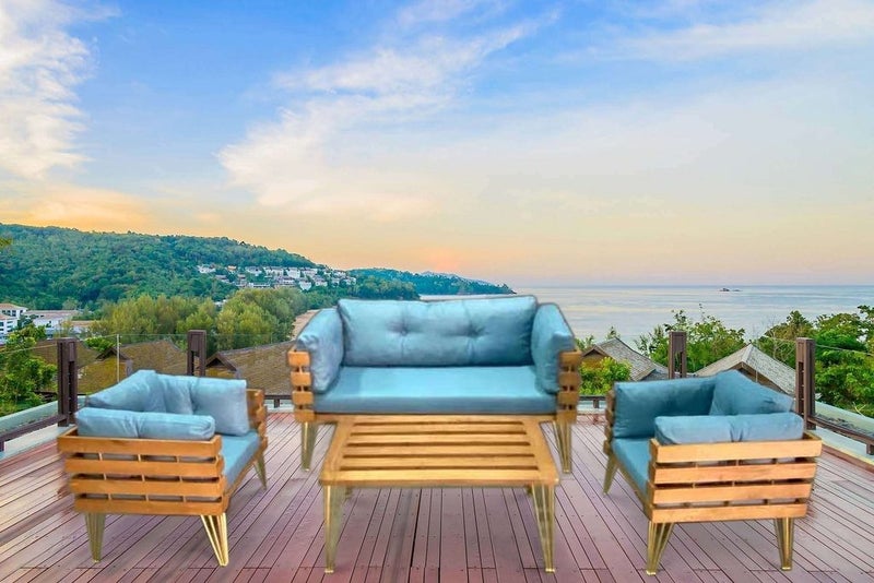 Dover Indoor- Covered Outdoor Sofa Set with One Coffee Table, Light Blue Carousel 9