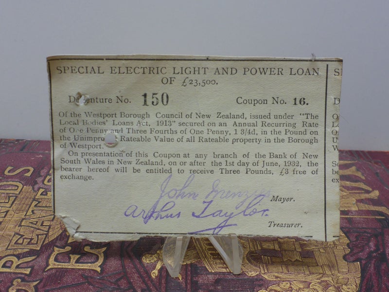 1932 NZ Debenture Special Light & Power Loan Document Westport + Revenue Stamp Carousel 2