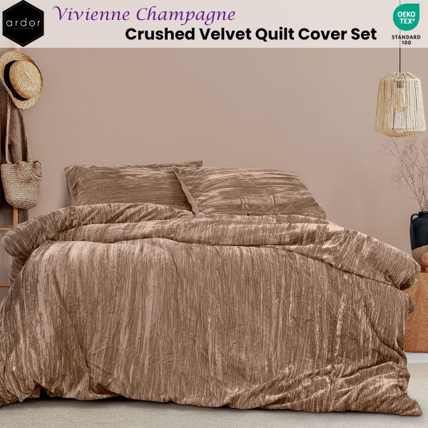 Ardor Vivienne Champagne Crushed Velvet Quilt Cover Set Carousel 2