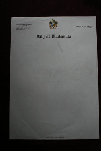CITY OF WAITEMATA "OFFICE OF THE MAYOR" LETTERHEAD -NUCLEAR WEAPONS FREE ZONE Carousel 1