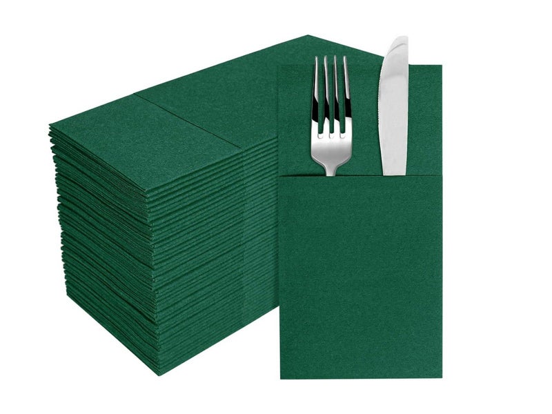 50 Pieces Prefolded Disposable Paper Napkins with Flatware Pocket - Green Carousel 1