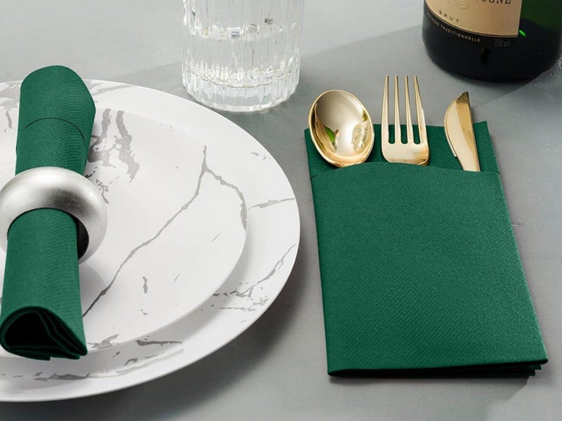 50 Pieces Prefolded Disposable Paper Napkins with Flatware Pocket - Green Carousel 3
