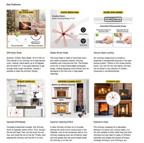 New 8M Fireplace Brush Drill Powered Chimney Sweep Cleaner Flue Cleaning Brush Carousel 12