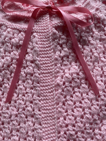 HAND KNITTED BRIGHT PINK 4 PLY LACY JACKET. Carousel 2
