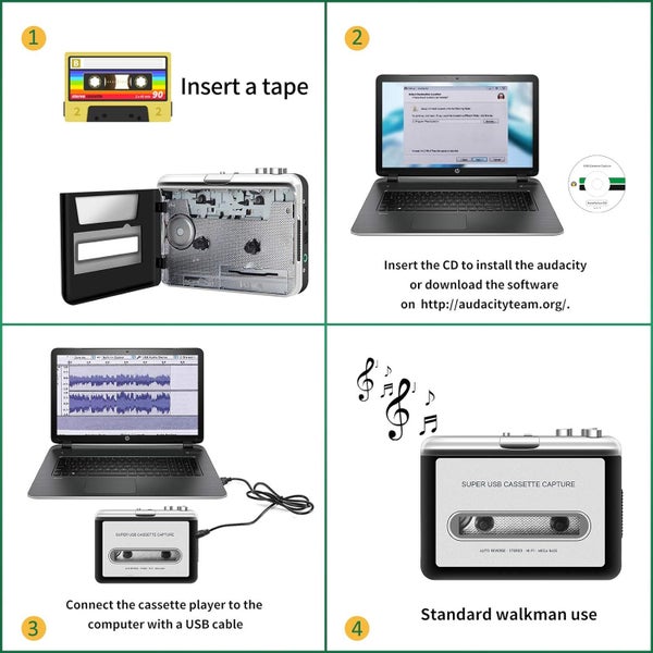 Portable Tape Player Captures MP3 Audio Music Via USB,Converts Cassettes Carousel 2