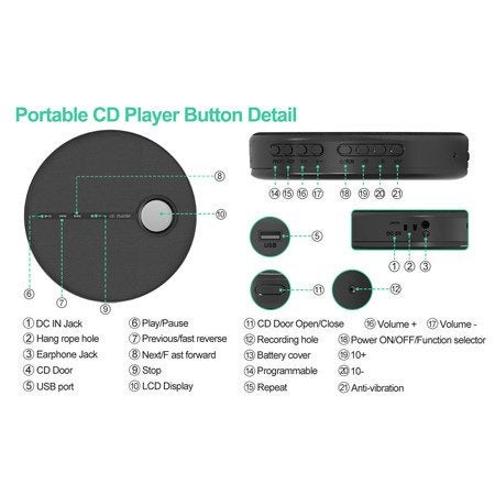 Rechargeable Portable CD Player with Bluetooth,Black Carousel 7