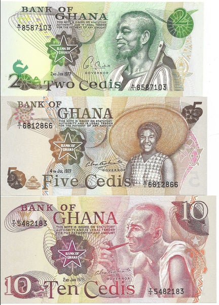 GHANA 1977 & 1978 3 BANKNOTES UNC Carousel 1