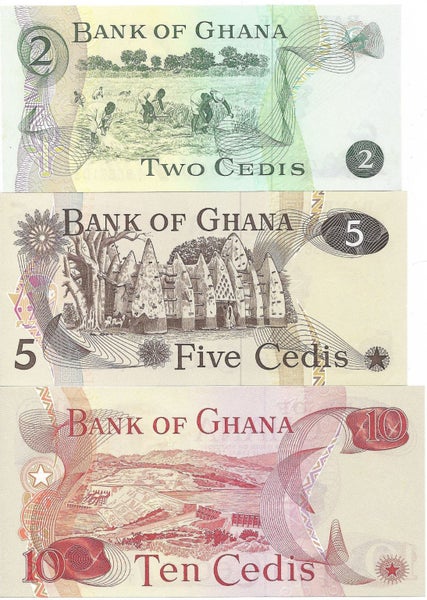 GHANA 1977 & 1978 3 BANKNOTES UNC Carousel 2