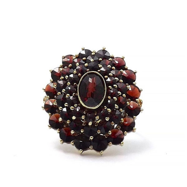 Art Nouveau 14k Yellow Gold 5.62ctw Garnet Double Halo Flower Cluster Ring Carousel 1