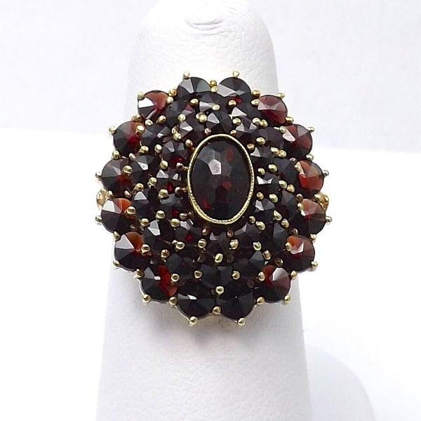 Art Nouveau 14k Yellow Gold 5.62ctw Garnet Double Halo Flower Cluster Ring Carousel 2