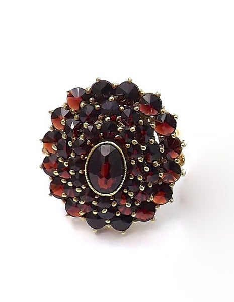 Art Nouveau 14k Yellow Gold 5.62ctw Garnet Double Halo Flower Cluster Ring Carousel 7