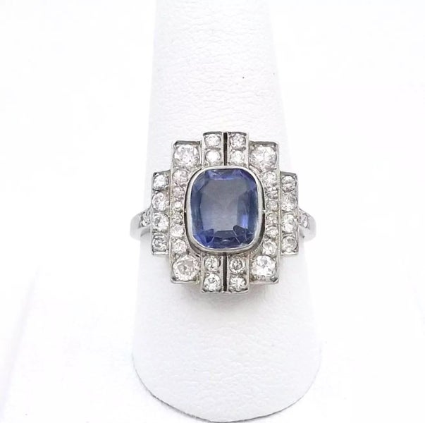 Antique Art Deco Platinum Natural Sapphire & Diamond Halo Geometric Platter Ring Carousel 1