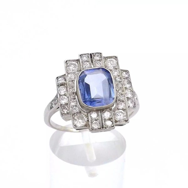 Antique Art Deco Platinum Natural Sapphire & Diamond Halo Geometric Platter Ring Carousel 2