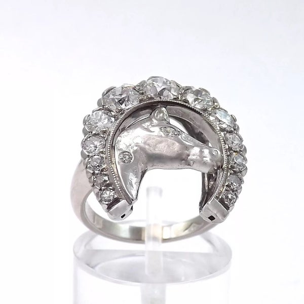 Art Deco 14K Gold Old European Cut Diamond Lucky Horse Racing Horseshoe Ring Carousel 1