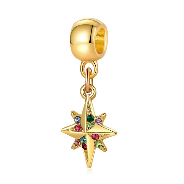 $1 reserve Sparkling Gold tone octagonal Star Charm with Multicoloured Crystals Carousel 1