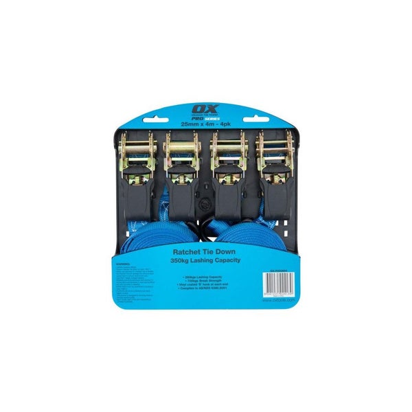 OX Professional 25mm x 4M Ratchet Tie Down Strap - 4pk Carousel 1