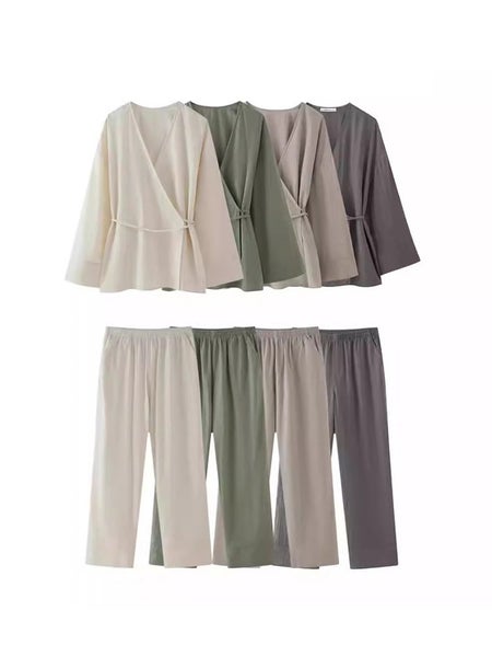 Women's Solid Colour Draped Long Sleeve Shirt Straight Pants Carousel 2