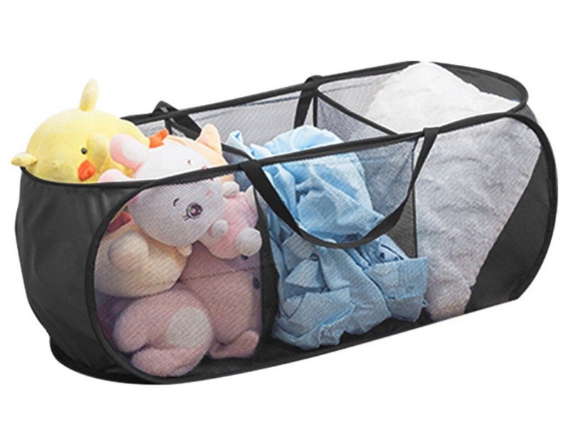 3-Compartment Popup Laundry Basket Collapsible Mesh Clothes Storage Basket Black Carousel 1