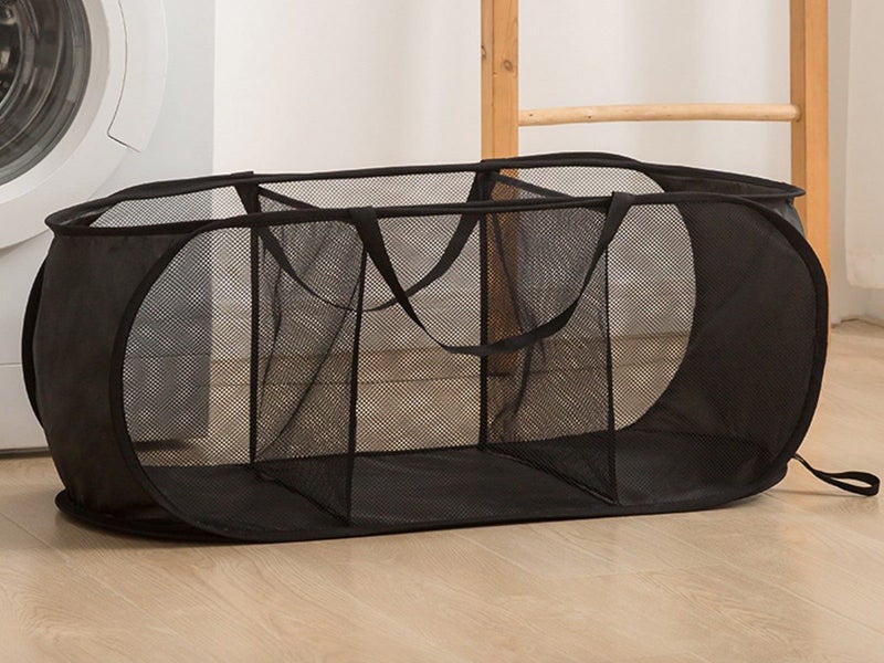 3-Compartment Popup Laundry Basket Collapsible Mesh Clothes Storage Basket Black Carousel 2
