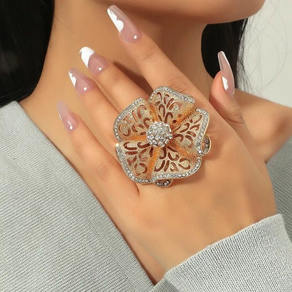 Cerise Adjustable Statement Ring - Oversized, Flower, Floral, Stylised, Gold,... Carousel 1
