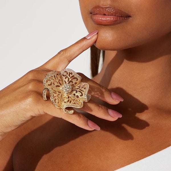 Cerise Adjustable Statement Ring - Oversized, Flower, Floral, Stylised, Gold,... Carousel 2