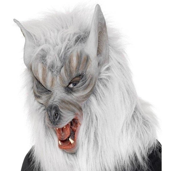 Wolf Mask Adult Silver Latex Full Overhead with Silver Fur Horror Costume Acc... Carousel 1