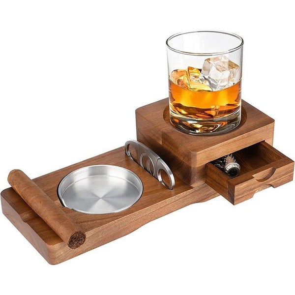 Ashtray Coaster Wooden Tray with Cigar Cutter Cigar Slot for Home Office Outdoor Carousel 1