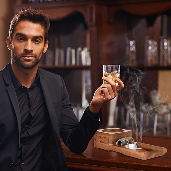 Ashtray Coaster Wooden Tray with Cigar Cutter Cigar Slot for Home Office Outdoor Carousel 2