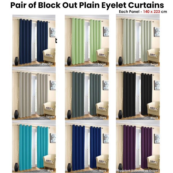 Pair Of Blockout Plain Eyelet Curtains Blue Curtains & Drapes Carousel 3