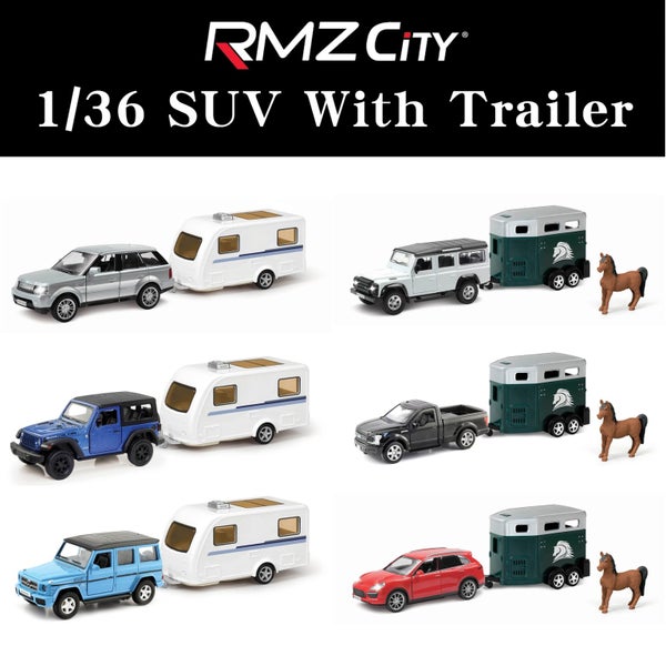 1/36 Jeep Land Rover Ford F-150 With Caravan Horse Trailer Truck RMZ Carousel 2