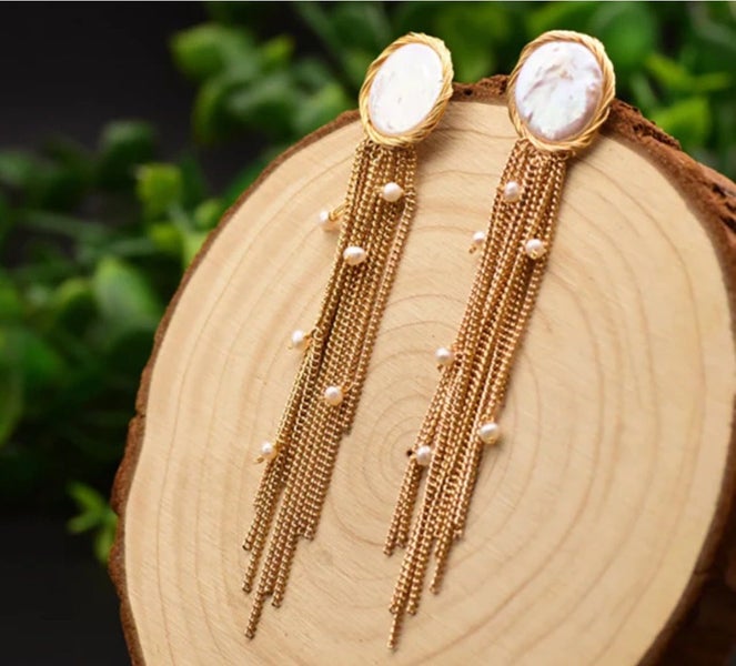 Handmade Natural Freshwater Baroque Coin Pearl Long Tassel Earrings Carousel 1