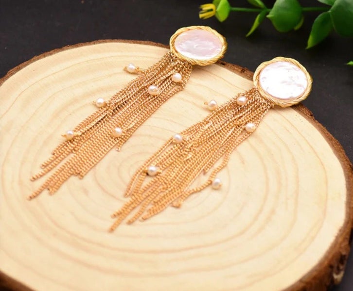 Handmade Natural Freshwater Baroque Coin Pearl Long Tassel Earrings Carousel 2