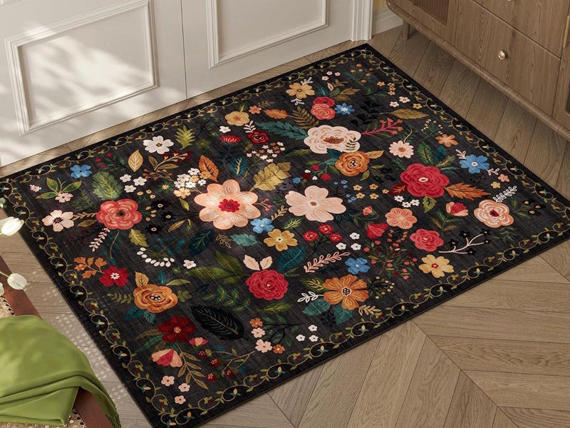 60x90cm Door Mat Indoor Entrance Rug Washable Boho Floral Small Area Rug Black Carousel 1