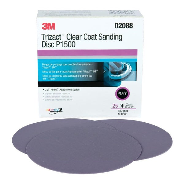 3M 02088 Trizact Hookit Clearcoat Sanding Disc 150mm 6" P1500 x 25 Pack Box Carousel 3