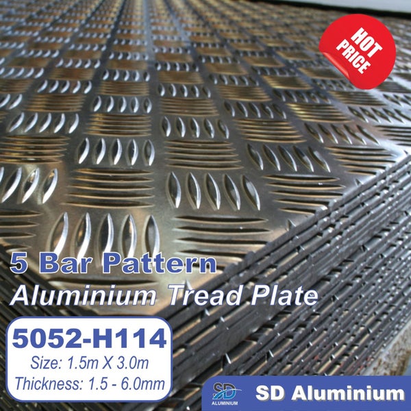 5052-H114 Aluminium Tread Plate - 5 Bar Patten - 4.0mm Thickness - 1.5 x 3.0m Carousel 1