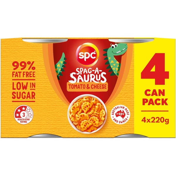 SPC Spag-a-saurus Spaghetti Tomato and Cheese Sauce Can 220g X 4 Cans Carousel 1