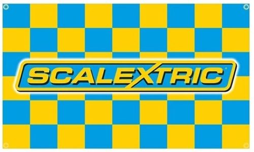 Scalextrics Branding on a Yellow & Blue Chequered 60x90cm Banner Flag Carousel 1