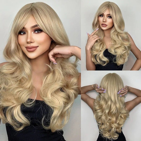 Natural Blonde Yellow Long Wavy Synthetic Hair Wigs with Bangs Women Carousel 2