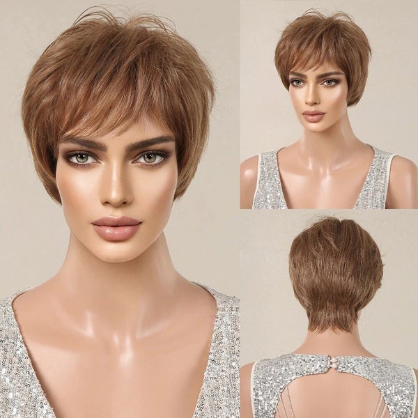 Brown Short Pixie Cut Synthetic Wigs Natural Straight Layered Wig for Carousel 1
