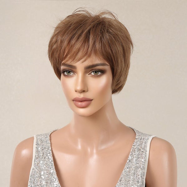 Brown Short Pixie Cut Synthetic Wigs Natural Straight Layered Wig for Carousel 2
