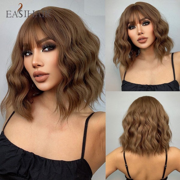 Mixed Brown Blonde Short Curly Wig Synthetic Highlight Wigs with Carousel 1