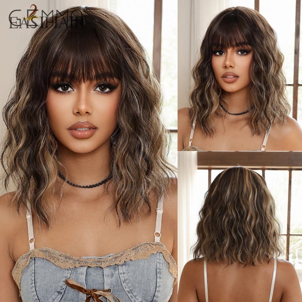 Mixed Brown Blonde Short Curly Wig Synthetic Highlight Wigs with Carousel 2
