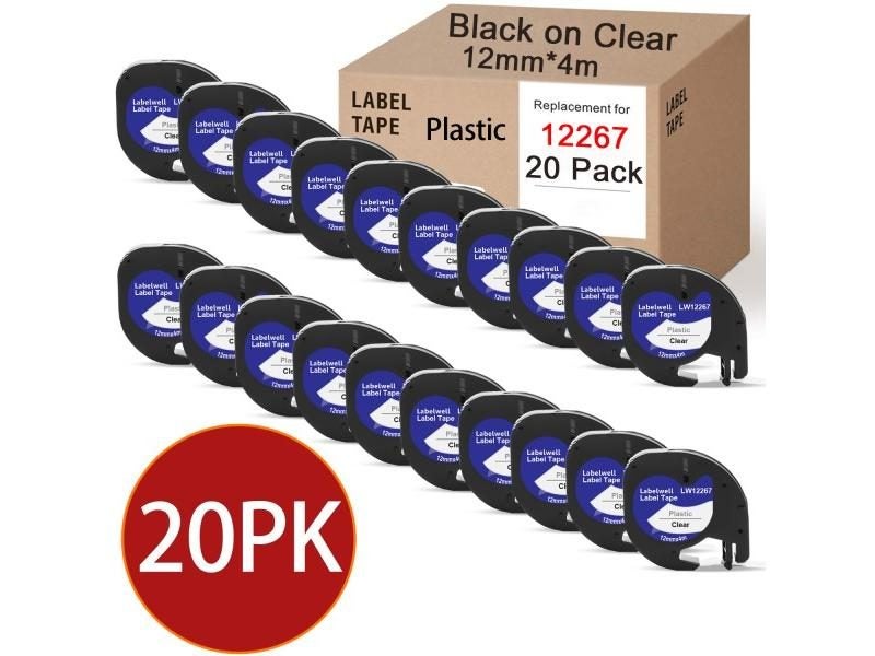 20PCS 12267 Compatible Dymo LetraTag 91201 Black On White Plastic Label For Carousel 1
