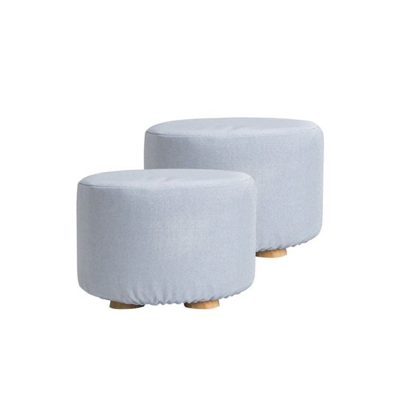 2 Set Light Blue Fabric Ottoman Round Wooden Leg Foot Stool Carousel 1