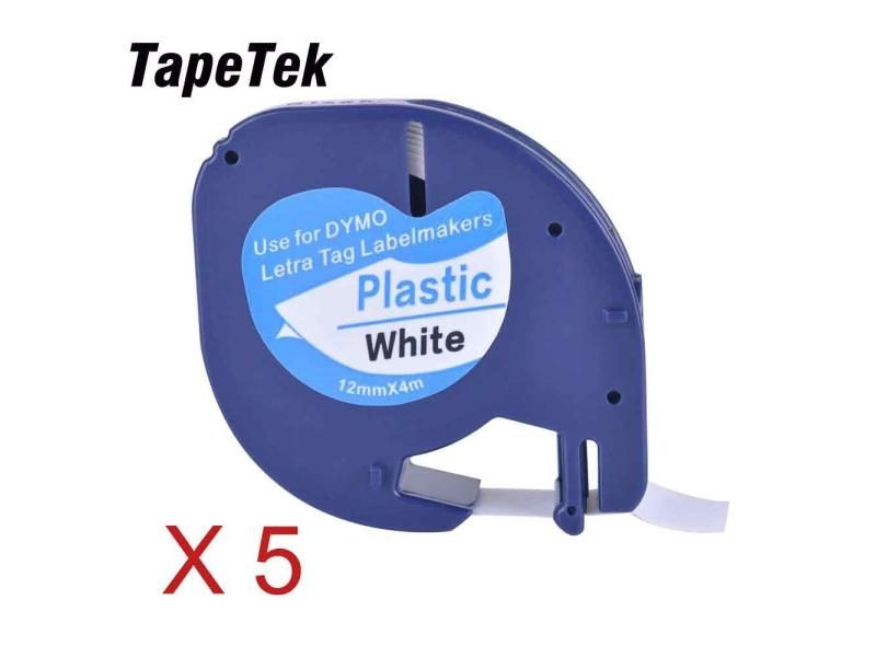 5 Compatible Black On White (12mm X 4m) Plastic Label Tapes For Dymo LetraTag Carousel 1