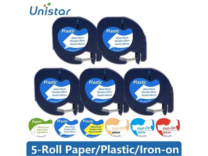 Unistar 5pcs 91331 Compatible For Dymo Letratag Tape 91201 Black On White 12mm Carousel 2