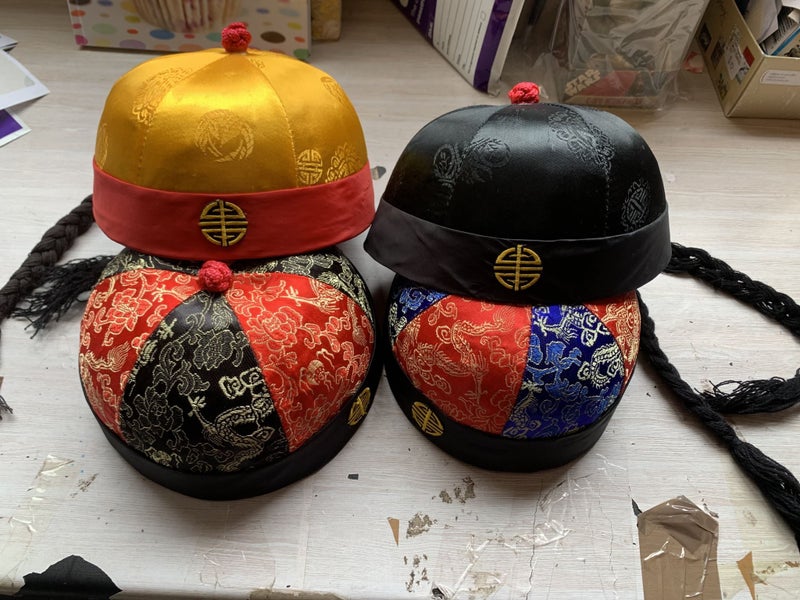 SATIN HATS CHINESE STYLE WITH. PIG TAIL 5 SIZES 4 COLOUR WAYS UNISEX Carousel 2