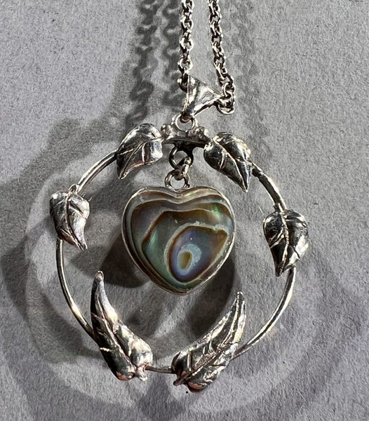 Vintage NZ Sterling Silver Paua Heart and Fern Pendant on Sterling Chain Carousel 1