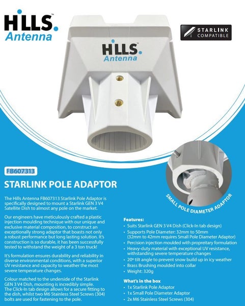 StarLink Gen3 V4 UV Stable Adapter fit 32-50mm Pipe Pole Wall Roof Mount Fitting Carousel 1